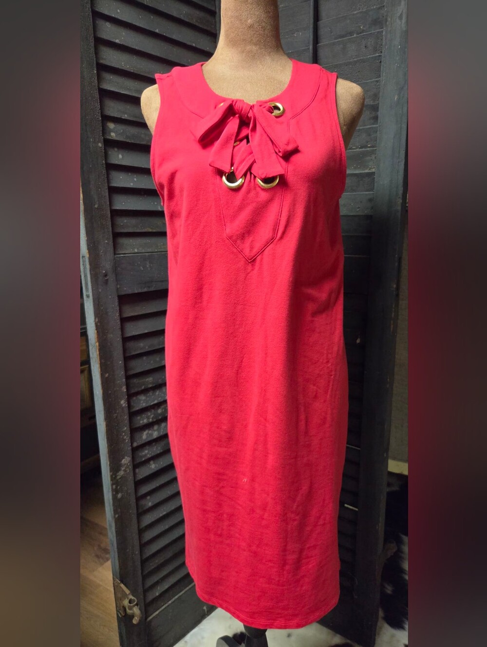 Michael Kors Coral-Red Sleeveless Shift Dress with Lace-Up Neck